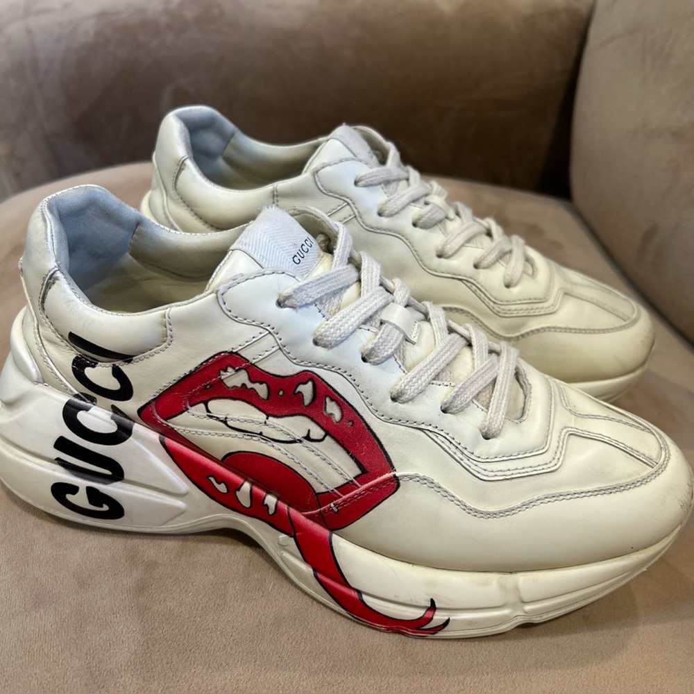 Gucci White Rhyton Leather Sneakers Gucci Rhyton Red Mouth Lips Tongue Shoes